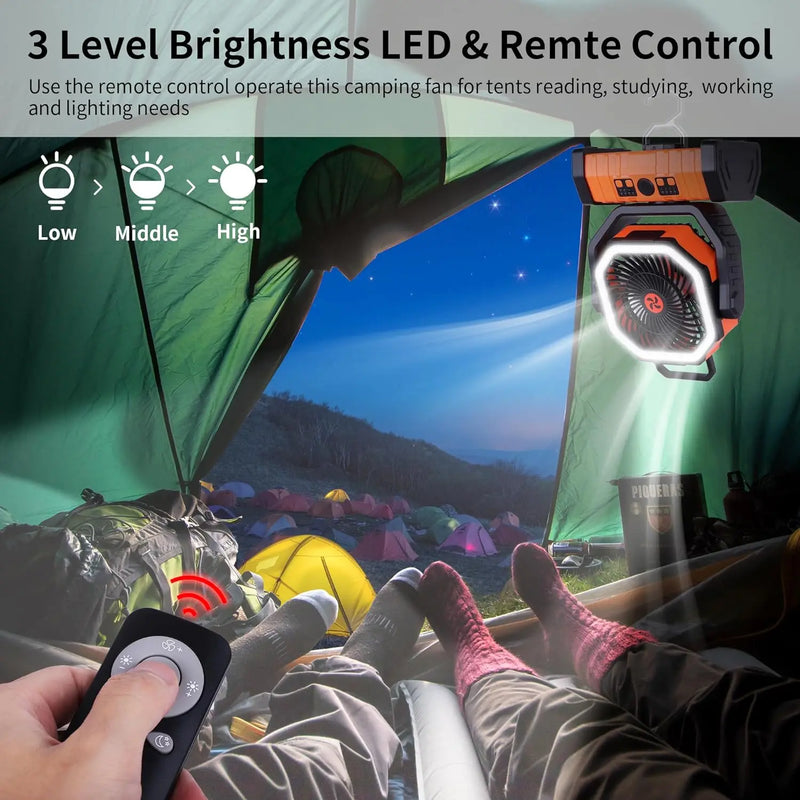 Ventilador de acampamento portátil, 4 velocidades com controle remoto e temporizador