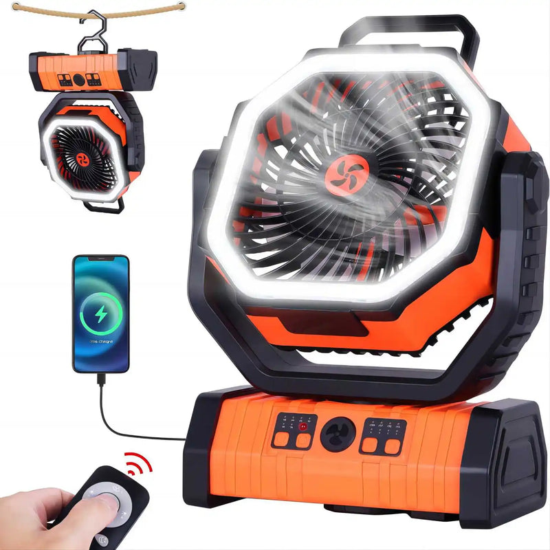 Ventilador de acampamento portátil, 4 velocidades com controle remoto e temporizador